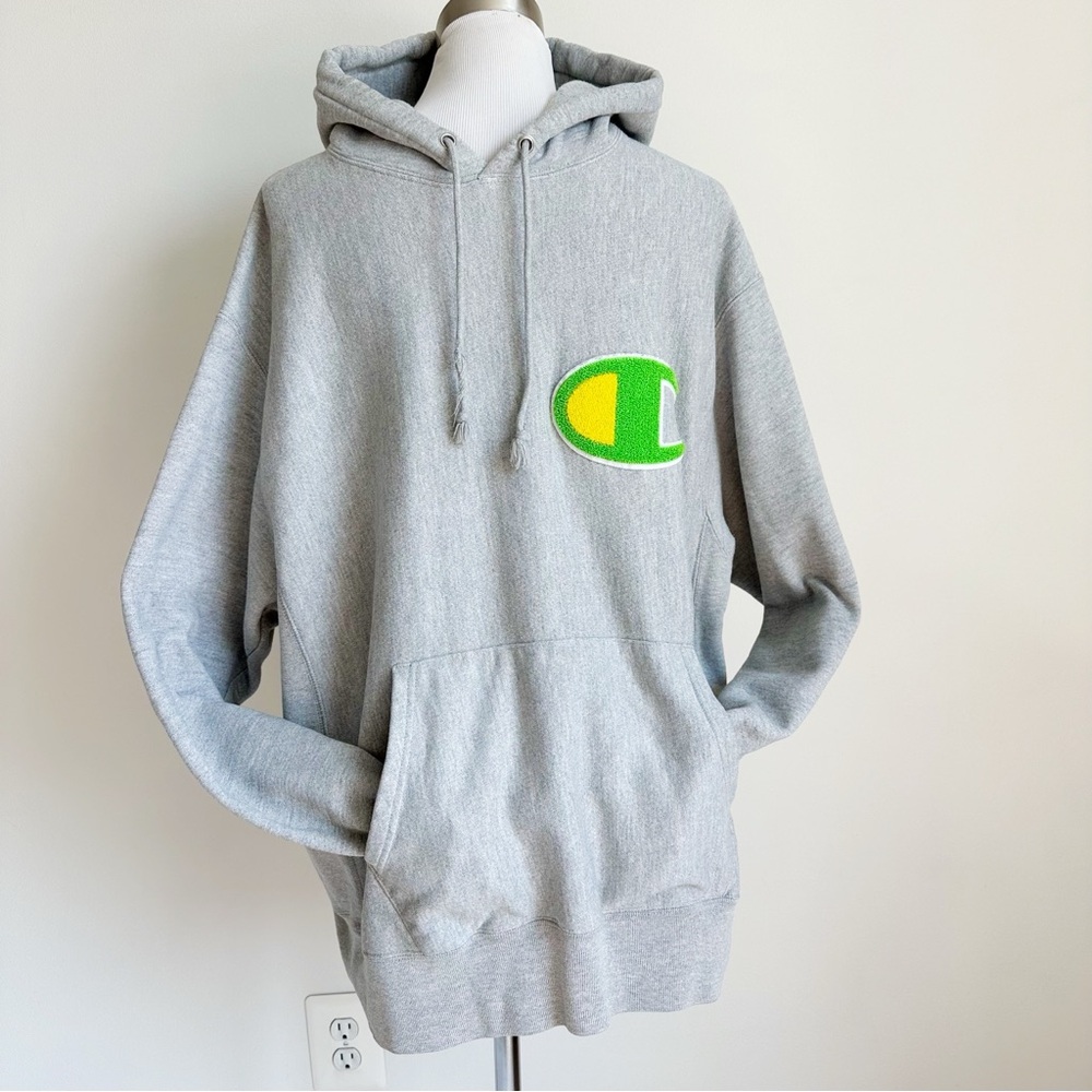 Champion Men’s Grey Pullover Hooded Sweatshirt Embroidered C Logo, Extra Large